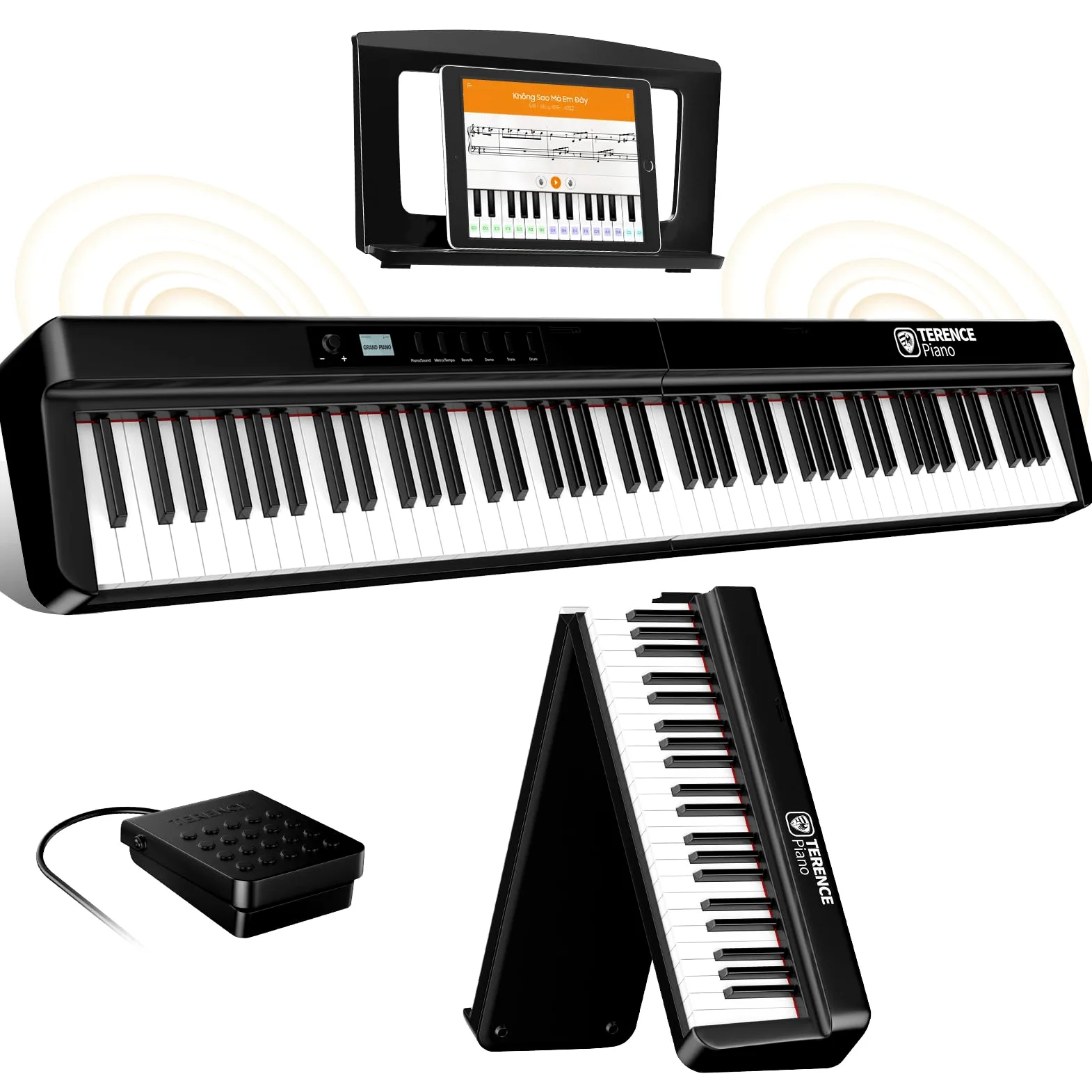TERENCE Pieghevole Pianoforte Digitale 88 Tasti pesati con batteria da 2000 mAh Altoparlanti 2x25W Bluetooth e interfaccia MIDI supporto per spartiti Borsa adesiva Cavo audio con Pedale di sostegno