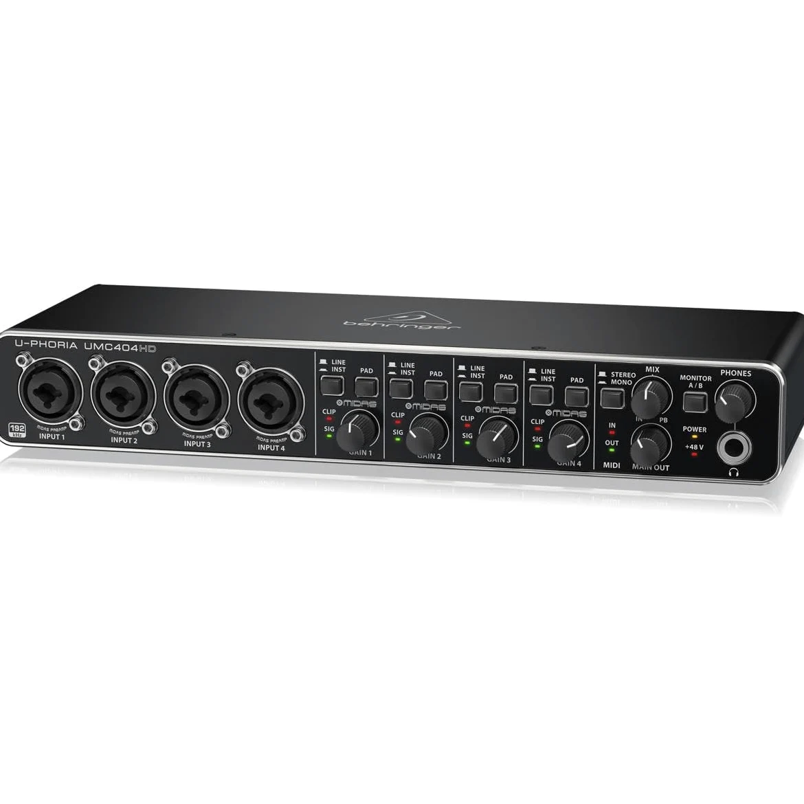 BEHRINGER UMC404-HD U-PHORIA INTERFACCIA AUDIO 4X4 MIDI USB 192 KHZ PREAMPLIFICATORI MIDAS SCHEDA PHANTOM +48V