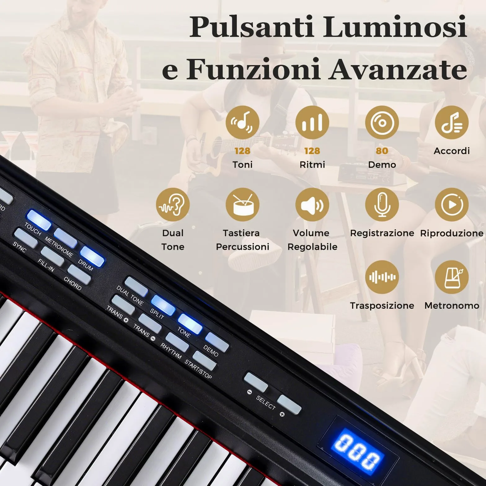 COSTWAY Tastiera Pianoforte Elettrico a 88 Tasti, Piano Digitale con Supporto e Sgabello Regolabili, Tastiera Sensibile, Tasti e Pulsanti Illuminati, Funzione MIDI, Pedale di Sustain, Cuffie (Nero)