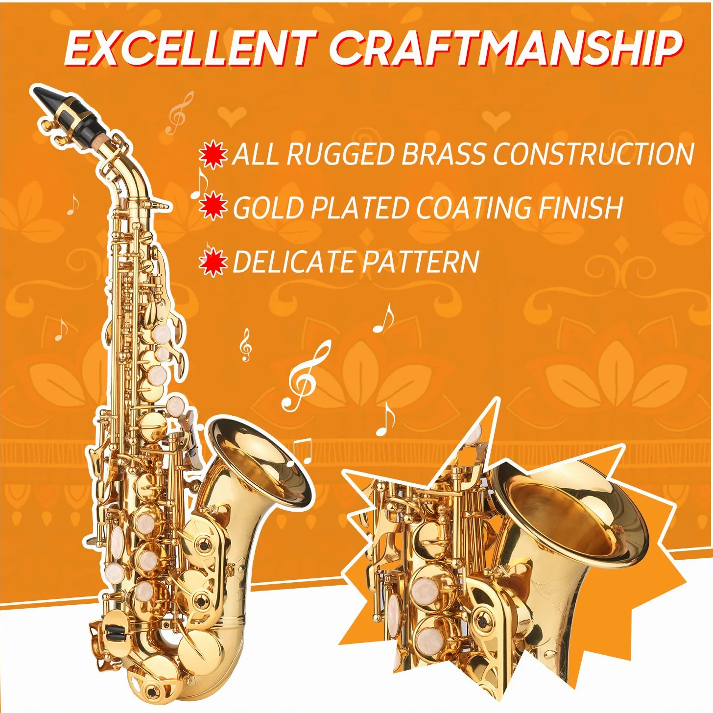 Sassofono soprano in sib Lacca dorata Sax in ottone con custodia per strumenti Bocchino Tracolla in panno per pulizia Spazzola per musicisti Principianti