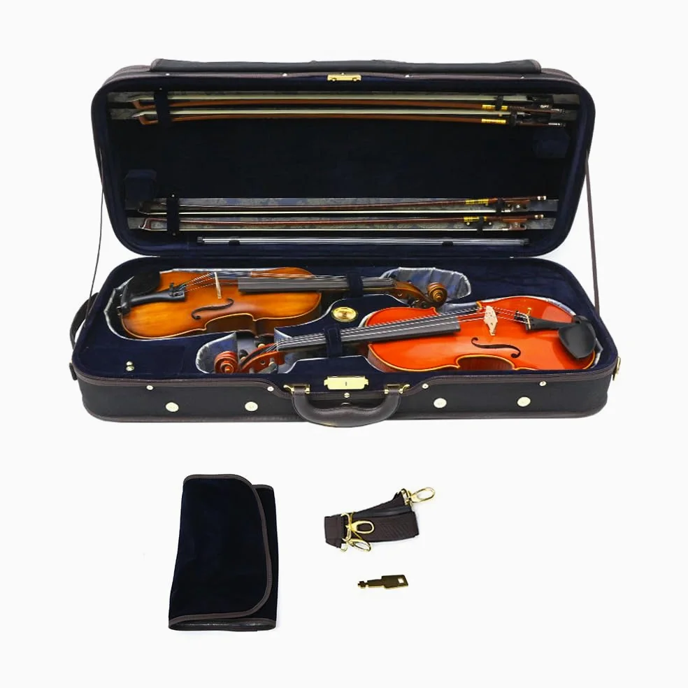 Custodia per violino doppia, in legno, per due violini 4/4, dimensioni standard, in nylon Oxford, interno in seta con cinturino posteriore (interno blu)