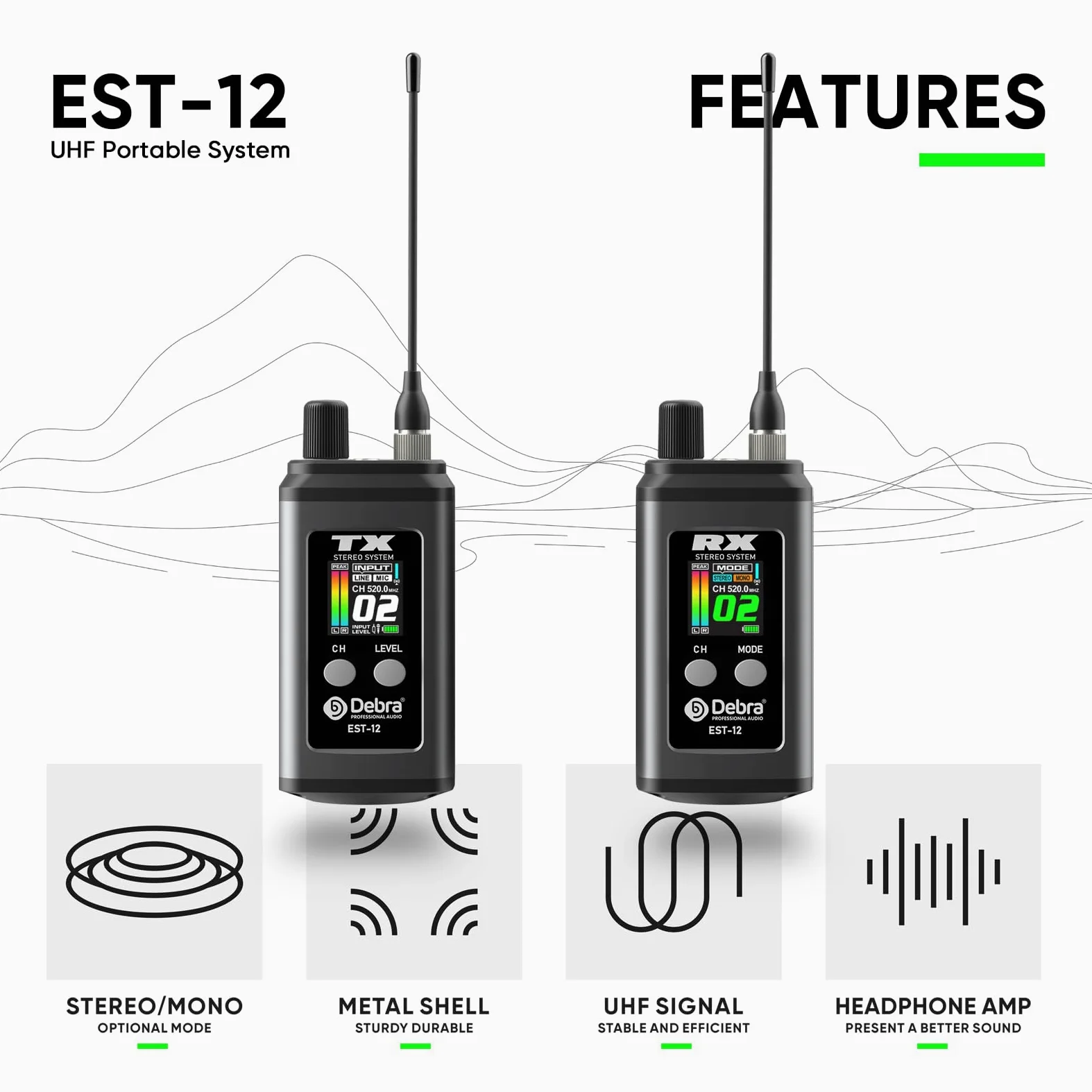 Debra EST-12 Sistema IEM UHF Professionale (1 Ricevitori), 20 Canali, 0ms Latenza, 80m Portata, Custodia Metallica per Studio e Palco (2 Pcs Nero)