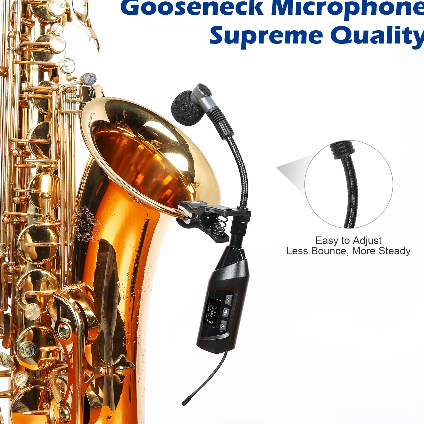 SGPRO microfoni wireless per sassofono, microfono a clip per sax e tromba, equalizzatore preimpostato e livello di eco, trasmissione da 5 m, ricaricabile, trasmettitore e ricevitore