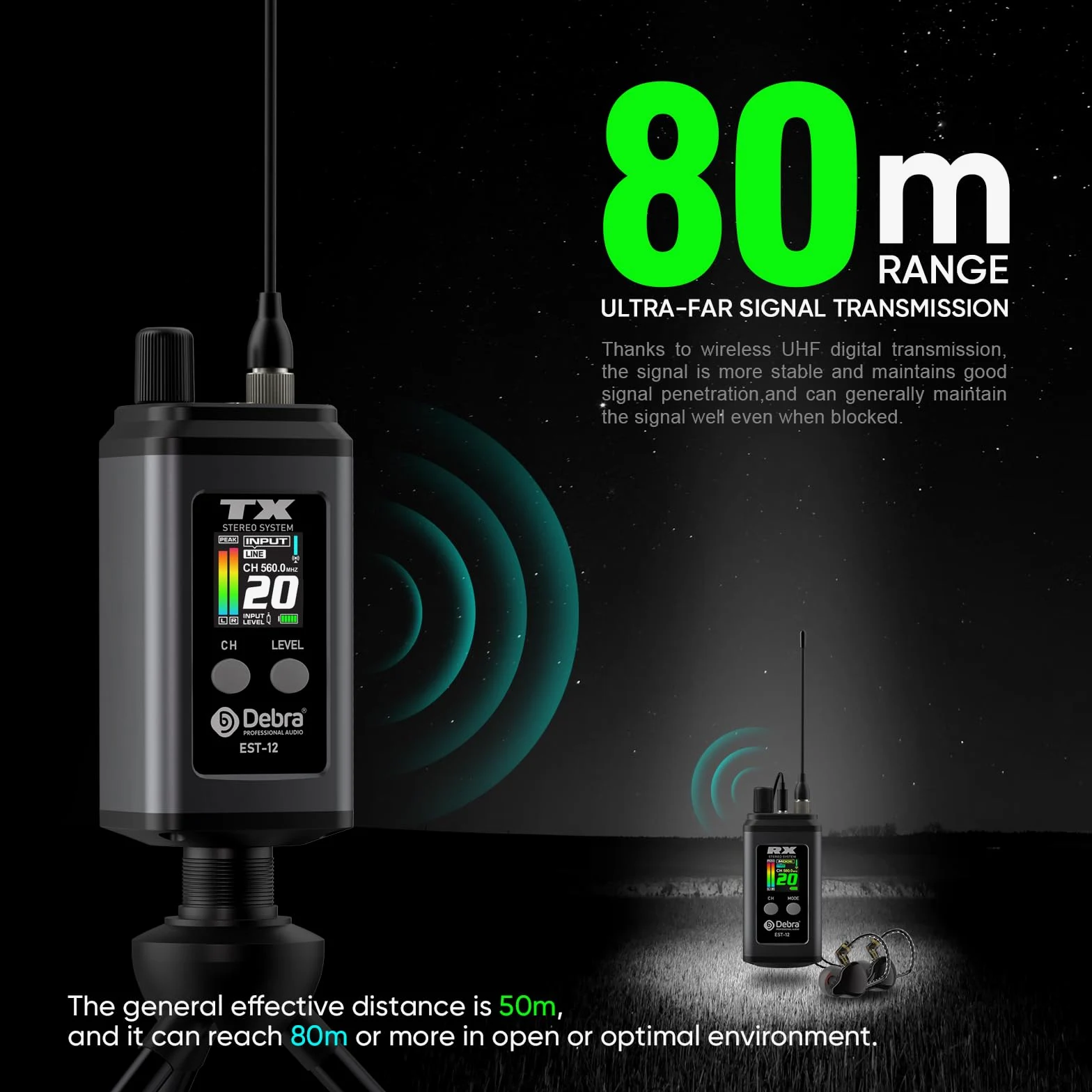 Debra EST-12 Sistema IEM UHF Professionale (1 Ricevitori), 20 Canali, 0ms Latenza, 80m Portata, Custodia Metallica per Studio e Palco (2 Pcs Nero)