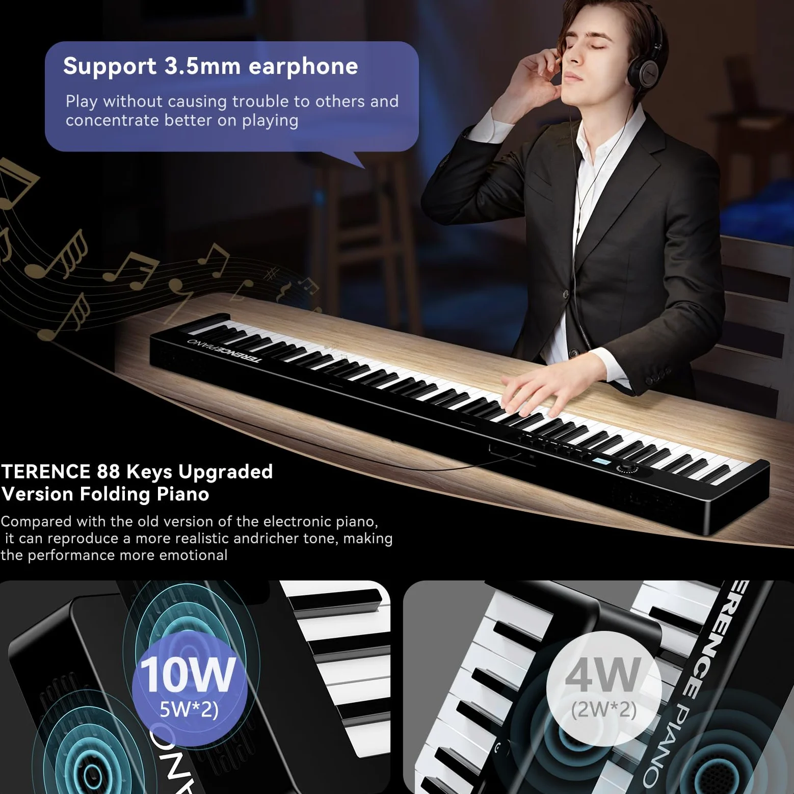 TERENCE Pieghevole Pianoforte Digitale 88 Tasti semi-pesati con batteria da 1750 mAh Bluetooth e interfaccia MIDI, supporto per spartiti Borsa adesiva Cavo audio con Pedale di sostegno (X88D)