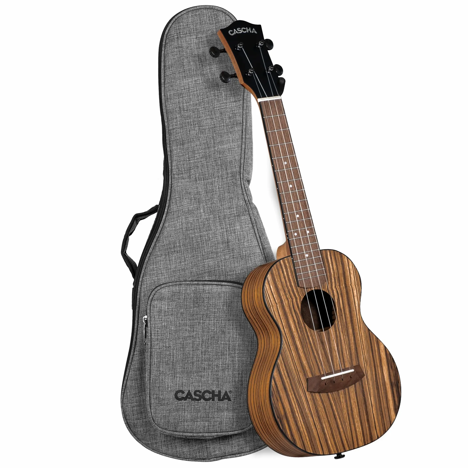 CASCHA Ukulele Zebra Wood – Legno zebrato di alta qualità, suono caldo, collo Okoume, tastiera in noce, finitura opaca, corde in carbonio Cascha, con custodia per il trasporto – Concert