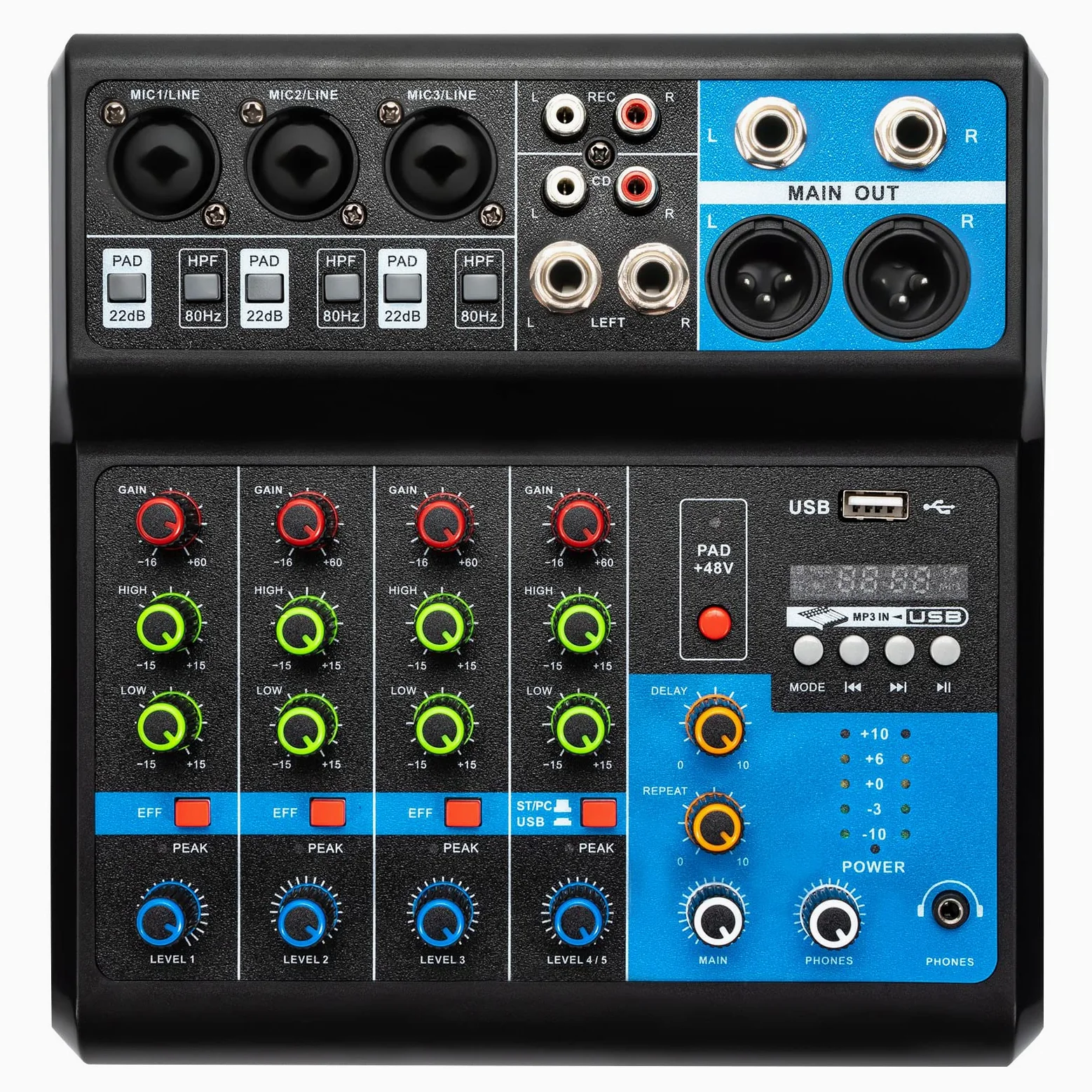 Mixer audio Bluetooth a 5 canali, USB, Live Studio Audio, console DJ, amplificatore 48 V, alimentazione phantom, mixer stereo DJ per registrazione, live streaming, podcasting
