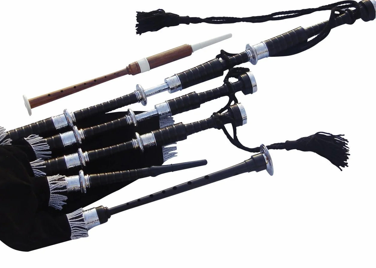 Cornamusa Great Highland in legno di cobolo sfumato nero con supporti incisi in nichel argento e cordino di copertura in velluto nero, per studenti, kit completo con guida per