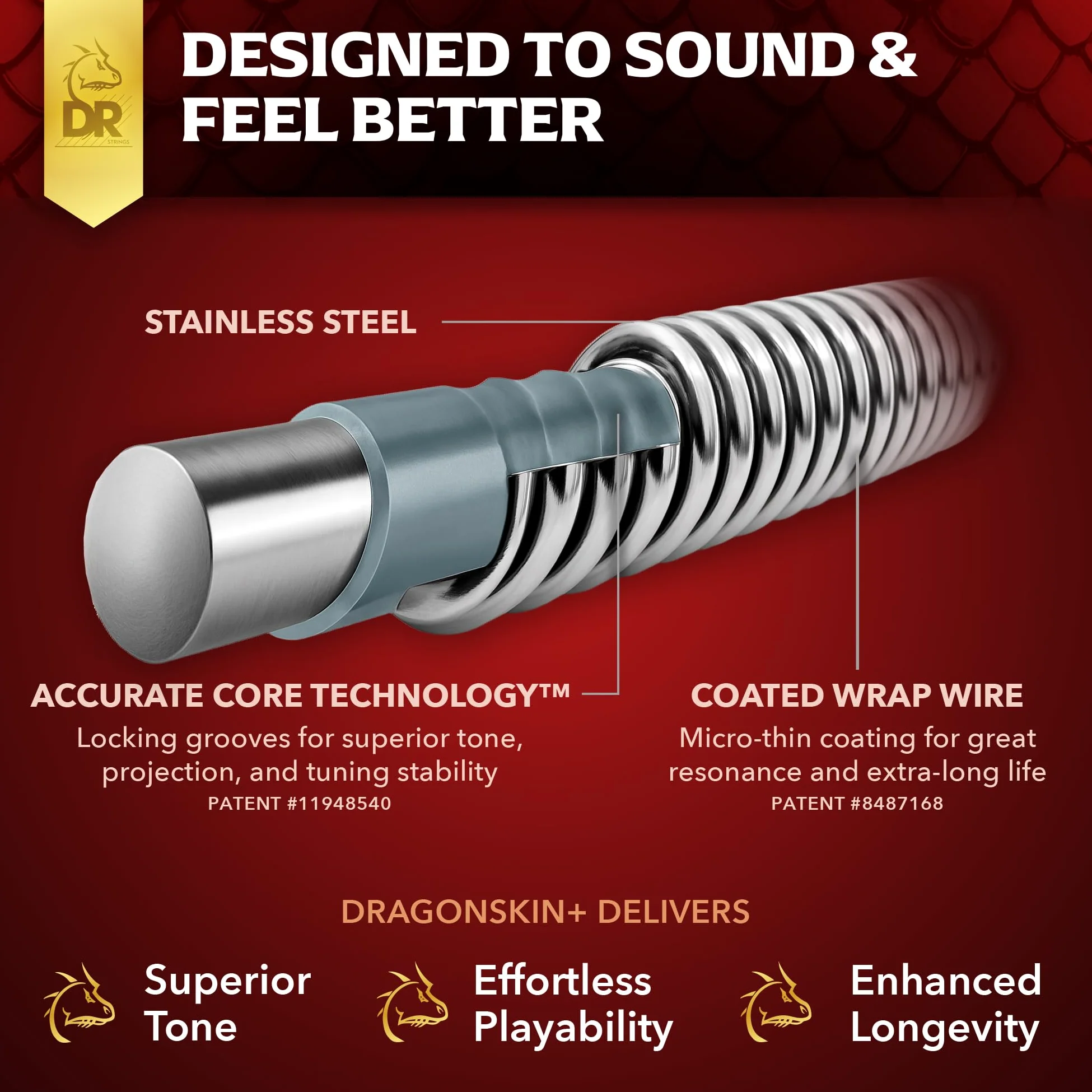 DR Strings DRAGON SKIN+ - Corde per basso in acciaio inox rivestite, DBS5-40, suono superiore con sensazione confortevole e lunga durata: 5 corde leggere 40-120