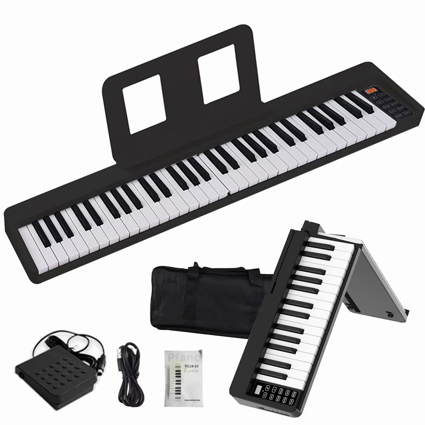 Pianola per Scuola Media，Tastiera 61 Tasti，Pieghevole Tastiera Elettronica Portatile, con Tasti a Grandezza Standard Leggio Pedale Sustain MIDI Bluetooth e Borsa