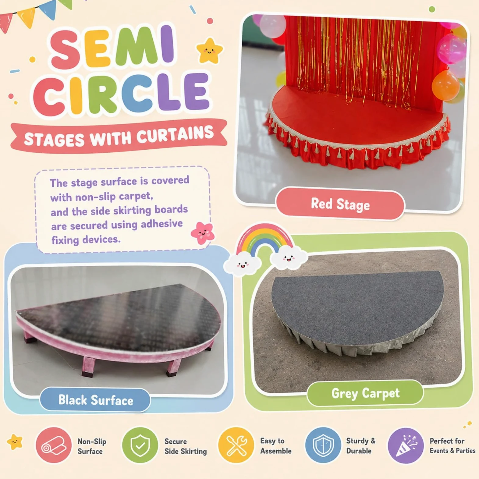 Palcoscenico portatile semicircolare/rotondo, piccolo palco con gonna, elevata capacità di carico, mini palco per spettacoli corali, eventi scolastici e in classe(Gray B,120x60cm)