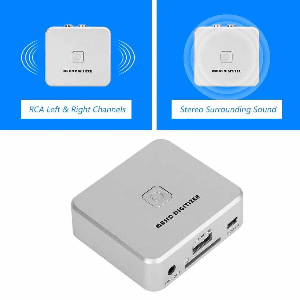 VBESTLIFE Registratore audio, digitalizzatore musicale per canali sinistro e destro, digitalizzatore MP3 disco U/scheda SD da 128 Kbps con porte 3,5 mm e IN