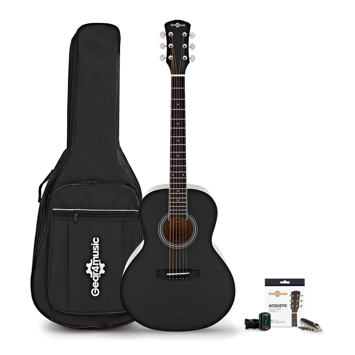 Chitarra acustica Parlour e pacchetto di accessori di Gear4music, nero | Corpo Compatto Ideale per Viaggiare, Tiglio per Toni Chiari ed Equilibrati, Borsa Corde Accordatore e Capotasto, Nero