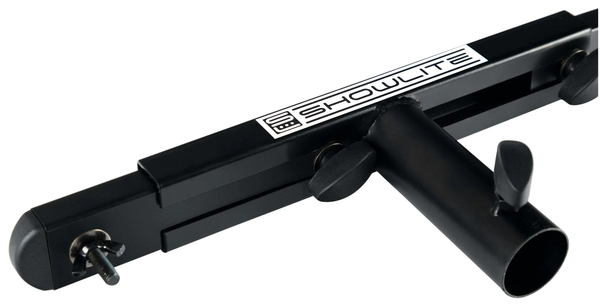 Set Trave Trasversale Showlite SAT-02 T con Supporto a Parete per Casse (Robusto Supporto a Parete con Flangia da 36 mm incluso con traversa adatta per 2 faretti) Nero