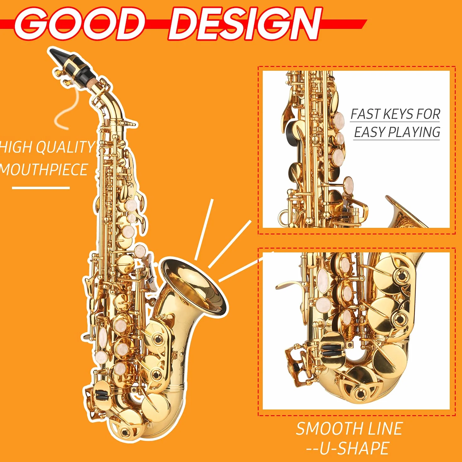 Sassofono Soprano in SIB Lacca Dorata Sax in Ottone con Custodia per Strumento Bocchino Tracolla per Panno Spazzola per Pulizia per Musicisti Principianti