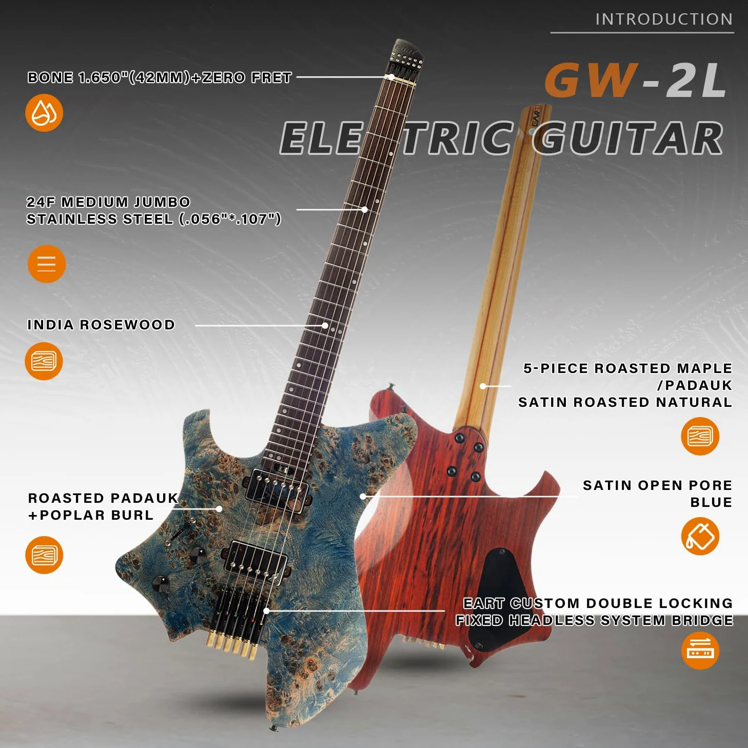 EART Chitarra elettrica per mancini Headless Fix Bridge per chitarra da viaggio a 6 corde, piccola ma piena, ultra leggera per viaggi e prestazioni, chitarra solida