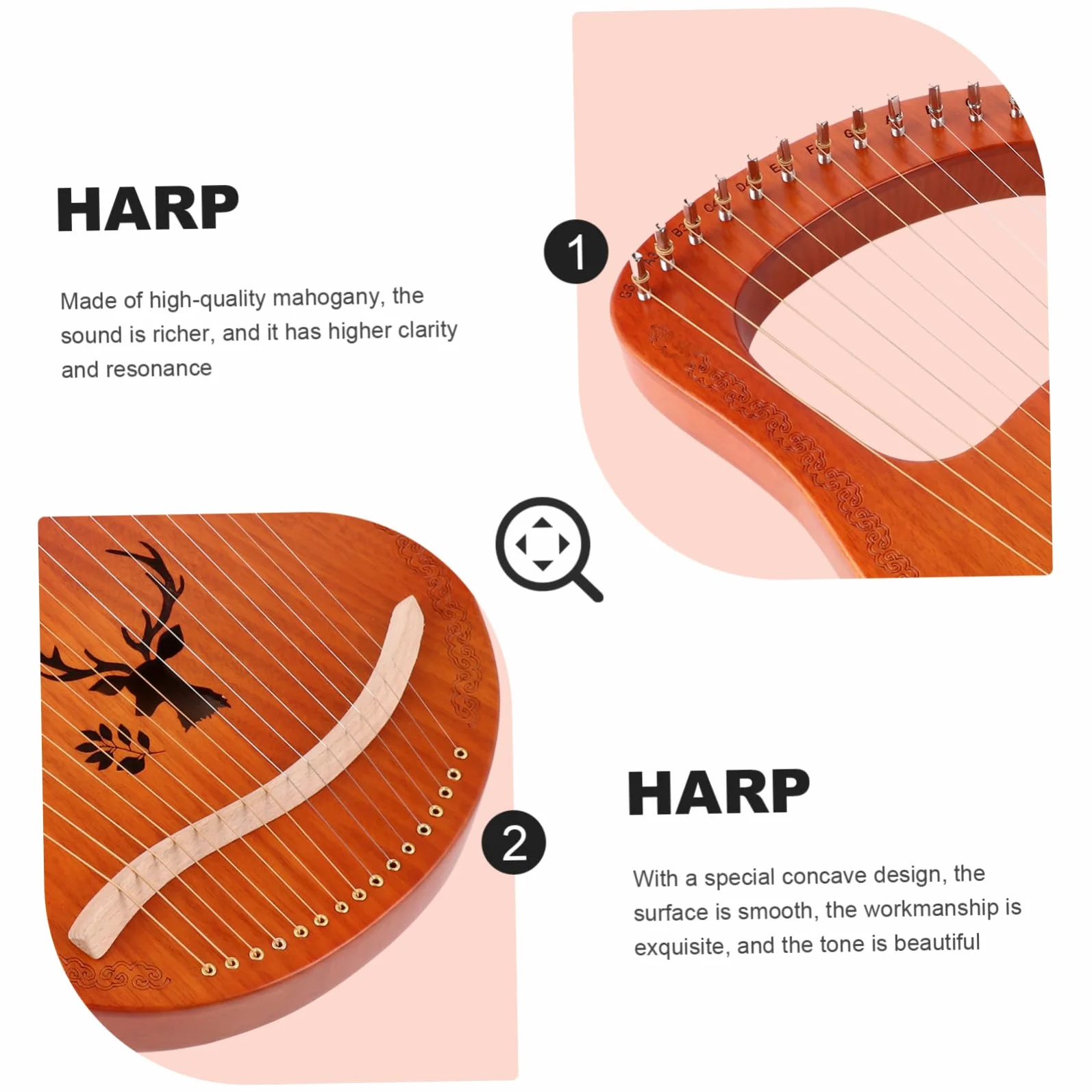 TOYANDONA Arpa Lira Strumento Corda Corde in Metallo di Pannello Decorativo Motivo Renna Ponte ad Altezza Bordi Arrotondati per Presa Sicura Strumento Musicale Portatile