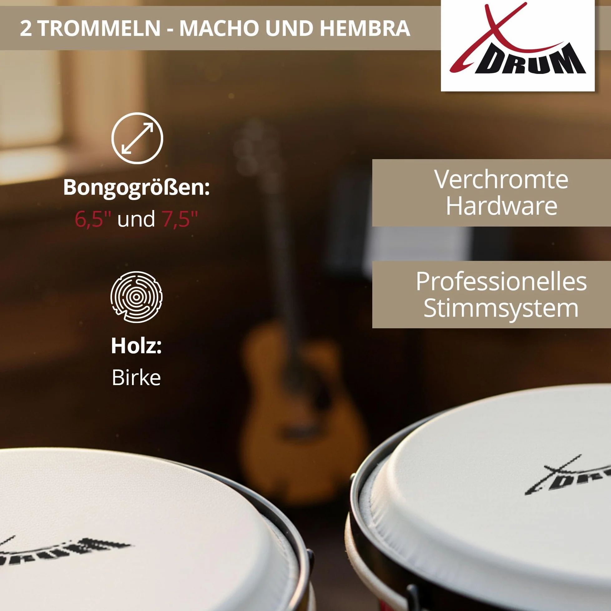 XDrum Bongos Pro Rosso Vino - 2 Tamburi con diametro 6,5" (17 cm) e 7,5" (20 cm) - Bonghi con pelli naturali accordabili, chiave di accordatura e supporto - Tamburi in legno rossi