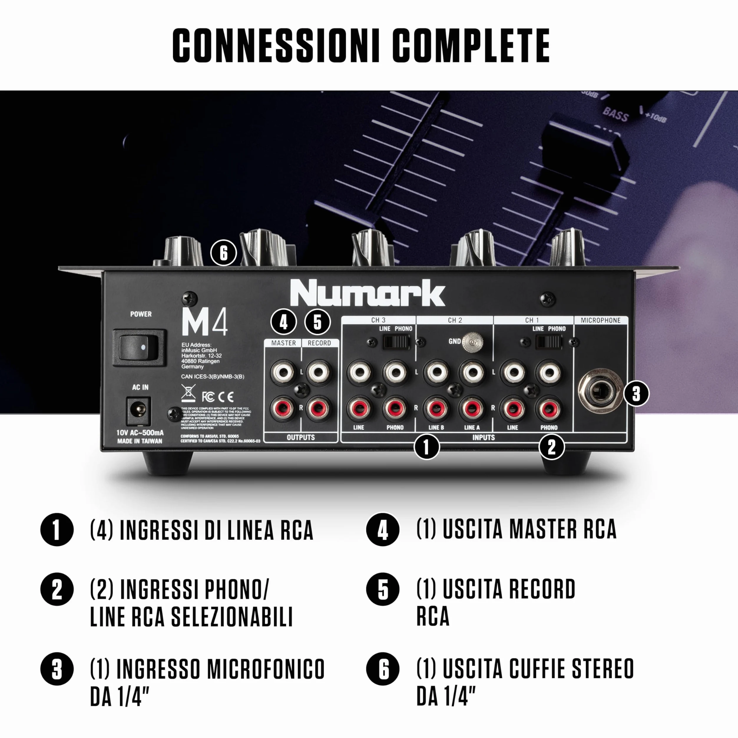 Numark M4 - Mixer Scratch 3 Canali a Rack per DJ con EQ a 3 Bande, Ingresso Microfonico, Crossfader Sostituibile e Controlli Slope e Reverse