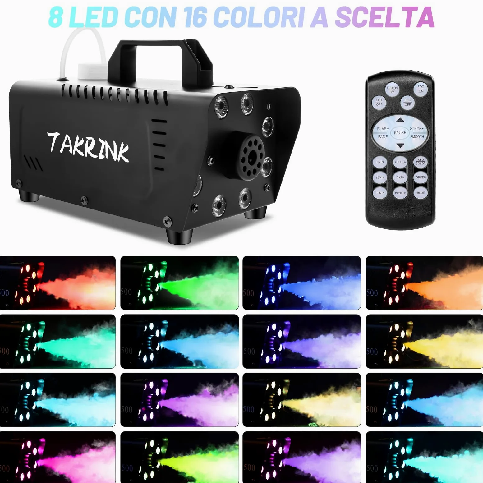 TAKRINK Macchina del Fumo, 900W Macchina del Fumo di Nebbia con 8 Luci LED 16 Colori RGB e Telecomando Wireless, Macchina della Nebbia per il Matrimonio Halloween Natale