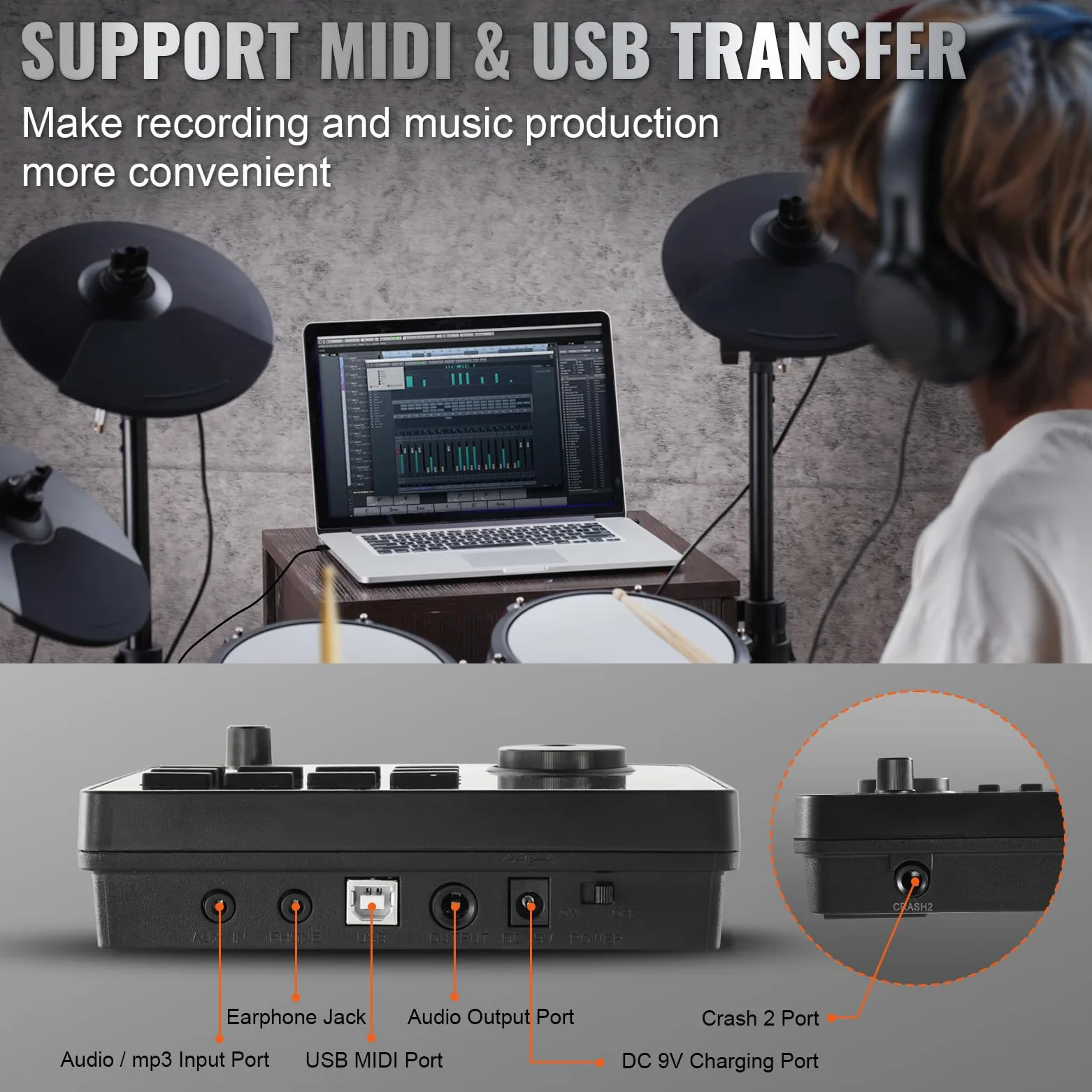 VEVOR Set di Batteria Elettronica, 32 Kit di Batteria e 480 Suoni, Kit di Batteria Elettronica, Batteria Rullante a Rete Silenzioso 203,2 mm con Supporto USB MIDI con Piatti, Bacchette e Pedali