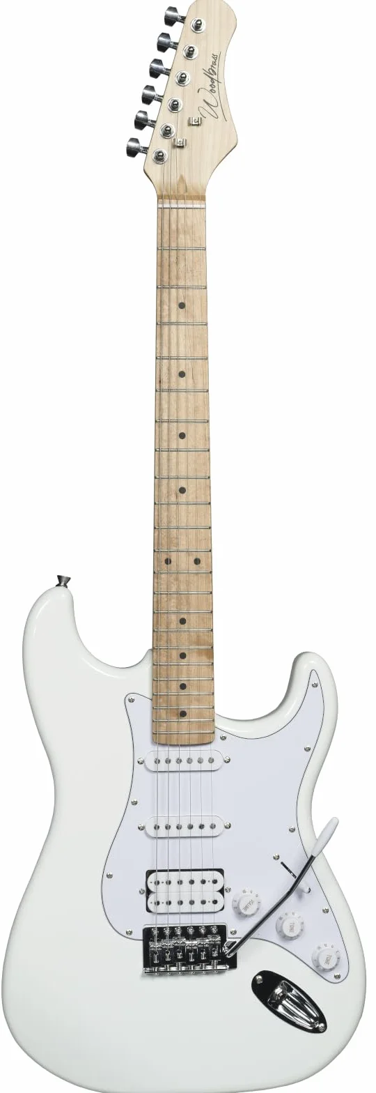 Woodbrass ST100 Chitarra elettrica, bianca - Chitarra versatile ideale per principianti - Corpo in forma ST - Tastiera in tiglio americano - Stile rock, pop, funk, country, hard, metal