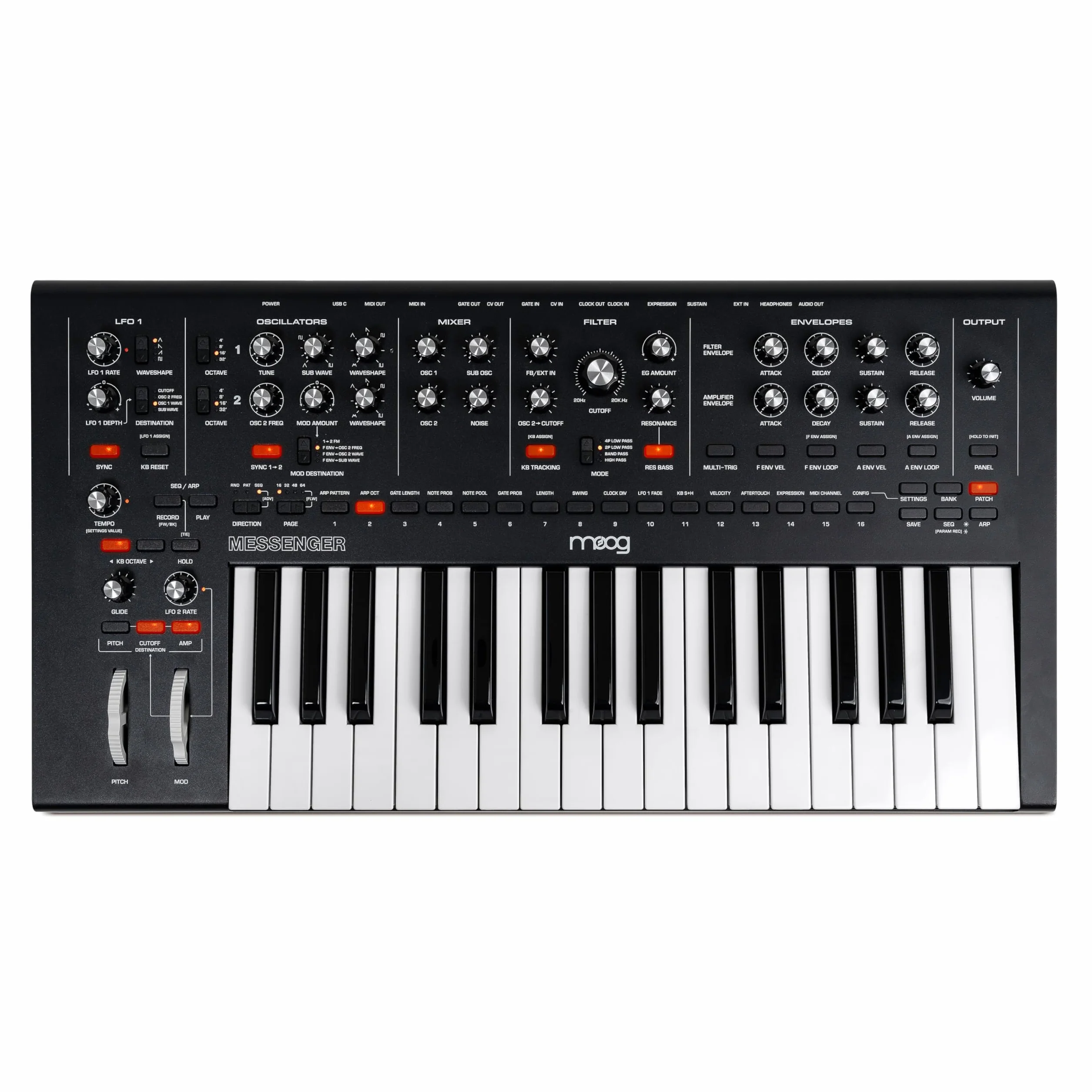 MOOG Messenger - Synth-Tastiera Analogico Monofonico di Nuova Generazione con 32 Note, Sequencer a 64 Step, 256 Preset e Compensazione RES BASS