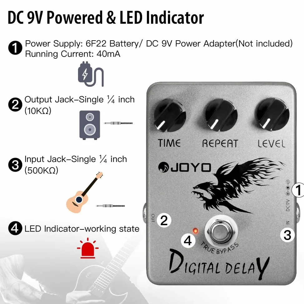 JOYO Pedale effetto ritardo digitale per chitarra elettrica e basso Intervallo di tempo di ritardo 25ms-600ms Suoni Ritardo "analogico" - True Bypass (JF-08)