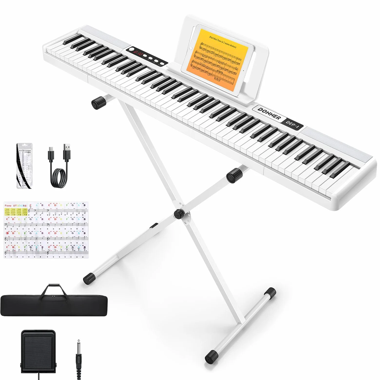 Donner DEP-1 - Tastiera con 88 tasti, tastiera digitale per principianti, tasti dinamici, pianoforte elettronico portatile con supporto, pedale di sostegno, borsa per il trasporto e adesivo per