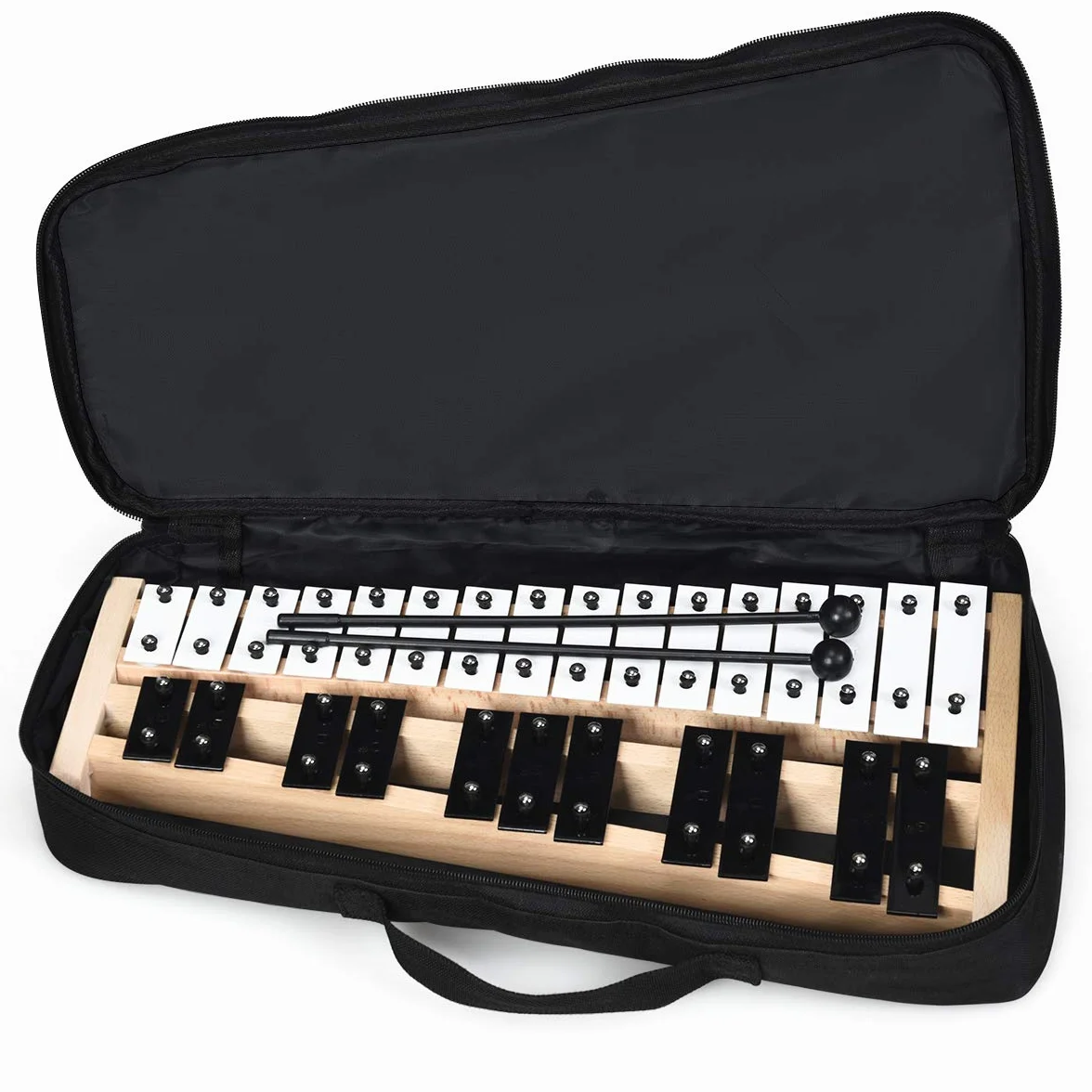 KOMFOTTEU 27 note xilofono, carillon con tasti in metallo e base in legno, percussione a mano con 2 bacchette portatile con custodia per il trasporto, strumento a percussione per prestazioni, concerto