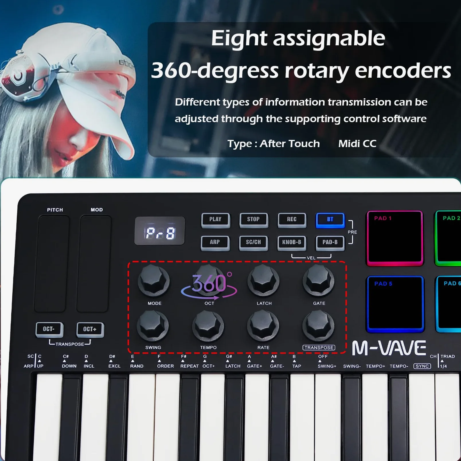M-VAVE 25 tasti 8 retroilluminati Drum Pads Tastiera MIDI - Beat Maker professionale e Keytar per la produzione musicale Tastiera Batteria integrata Connessione wireless, Nero, MIDI 8 PADS
