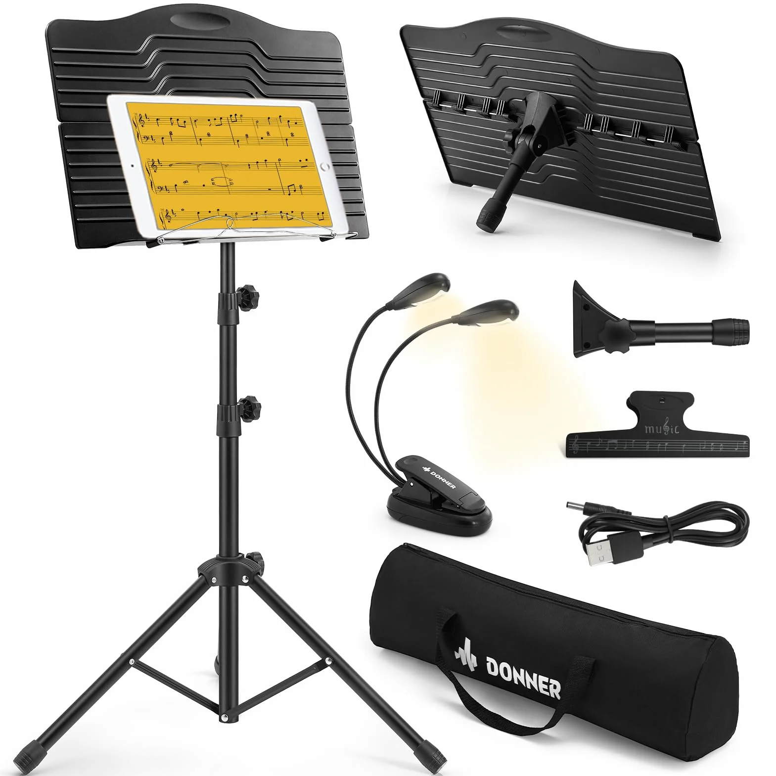 Donner Leggio pieghevole da viaggio in metallo DMS-1 regolabile con borsa per il trasporto, luce musicale ricaricabile rotante e supporto a clip, supporto portatile per proiettore, supporto per laptop