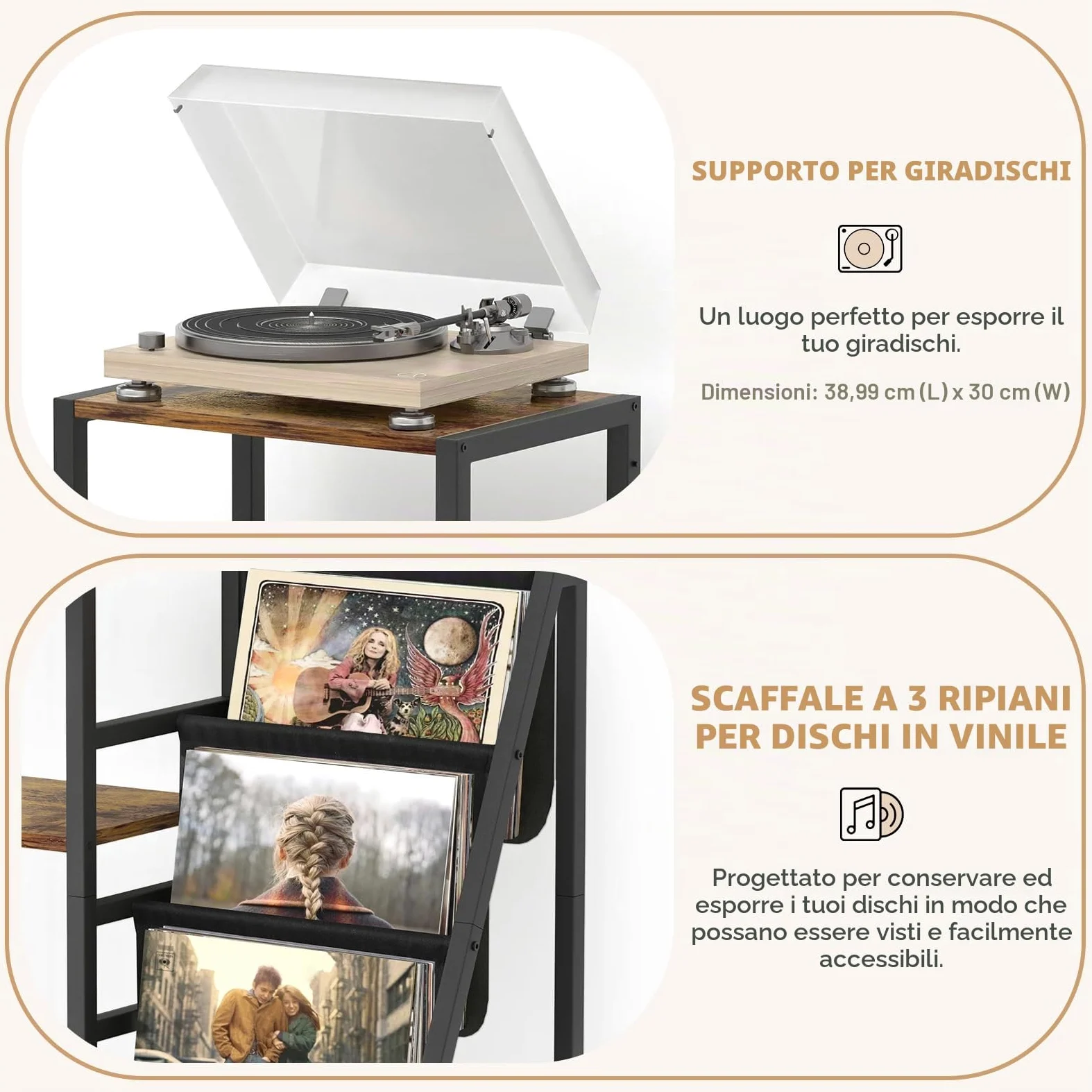 Bikoney Supporto Giradischi Vinili, Supporto Chitarra per Acustica, Elettrica e Basso con Supporto Amplificatore, Supporto Giradischi a 3 Livelli Fino a 200 Album, Tavolo Giradischi per Altoparlante
