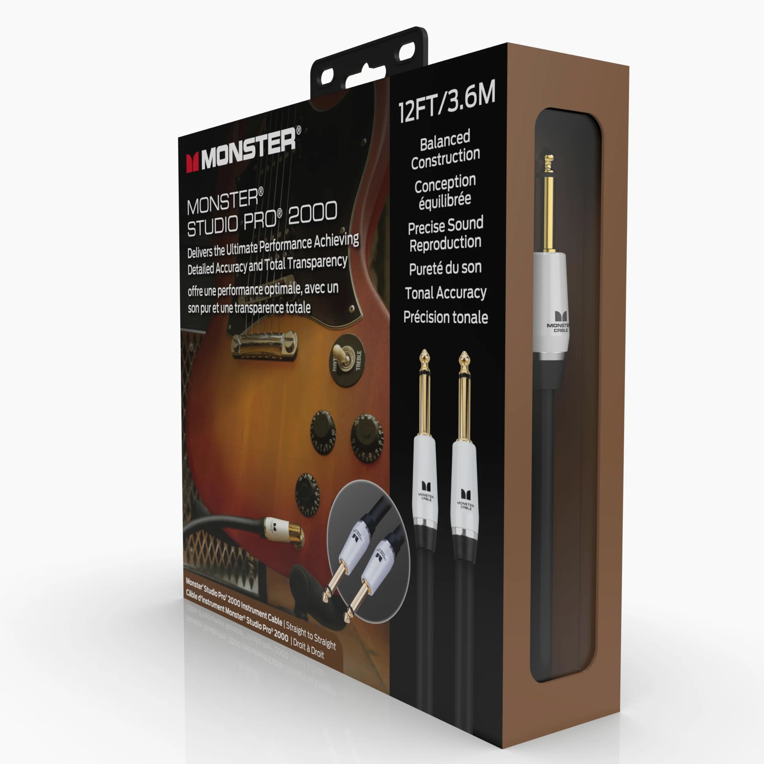 Monster Prolink Studio Pro 2000 - Cavo per strumenti da 3,7 m dritto a dritto, corda per chitarra elettrica intrecciata in rame 95%, rivestimento protettivo Duraflex con contatti in oro 24k