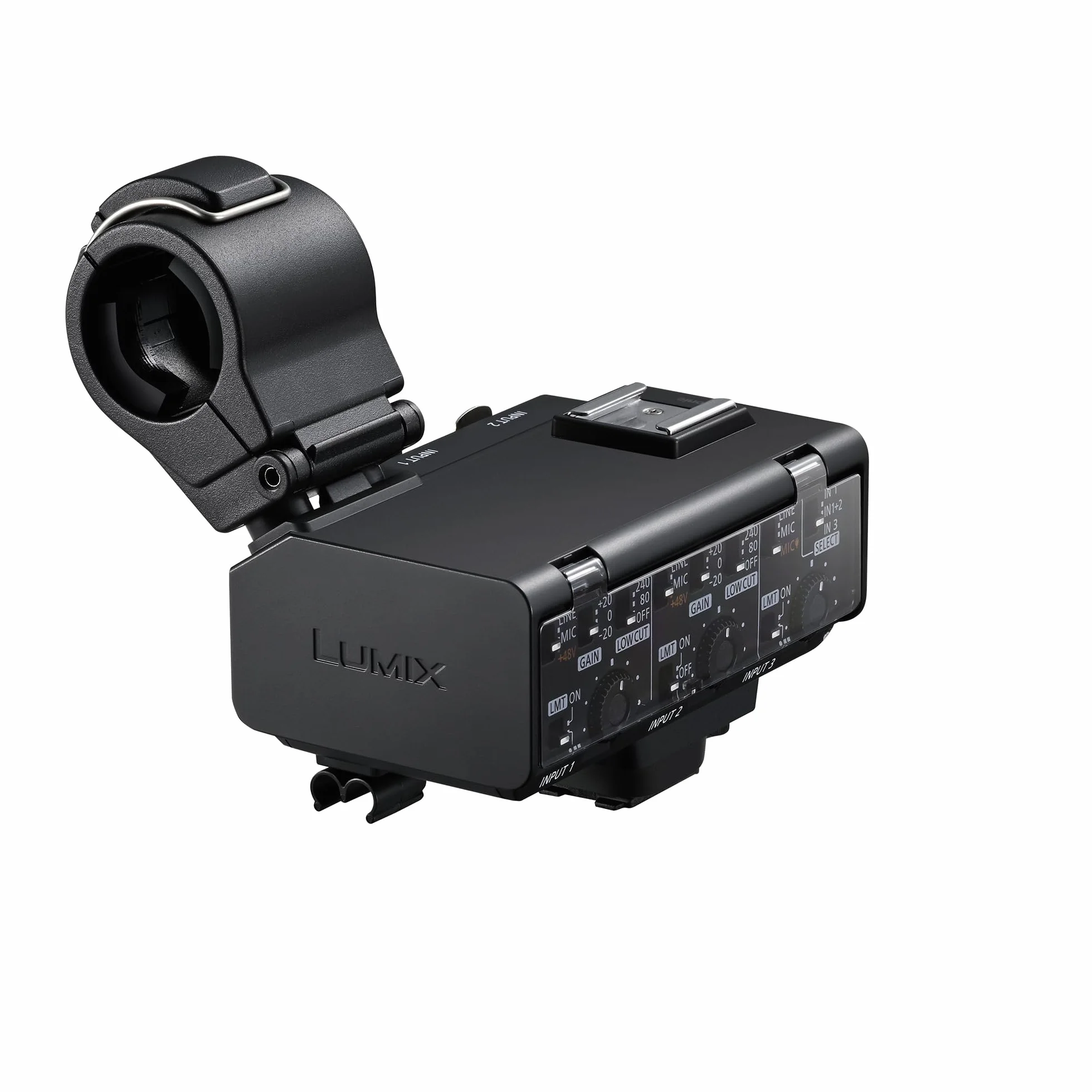 Panasonic Lumix DMW-XLR2 Adattatore Microfonico XLR Lumix DC-GH7, Registrazione Float a 32 bit, Audio a 4 Canali e ad Alta Risoluzione, Supporto Microfono, Mini Jack Stereo 3,5 mm. Nero