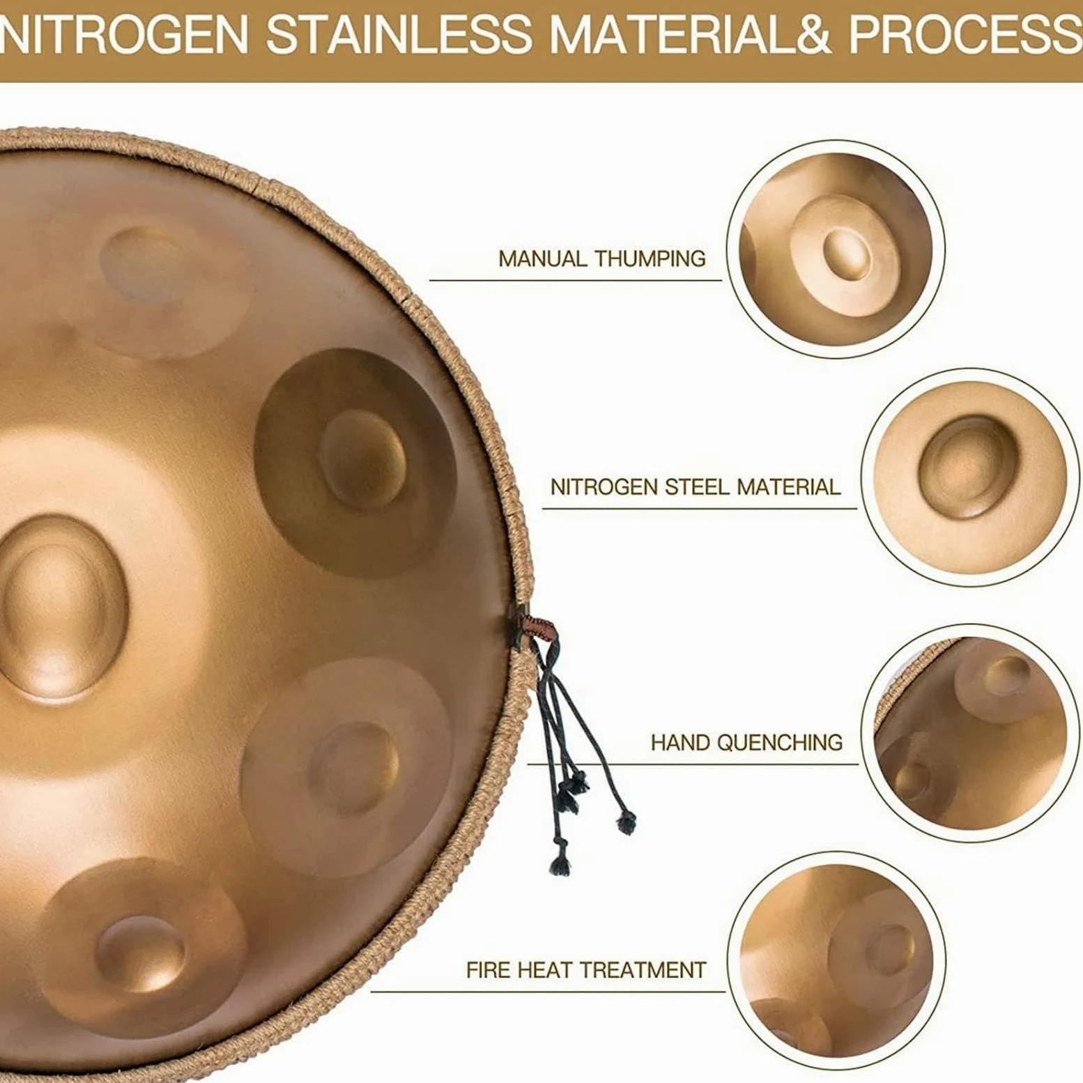 Tamburo in acciaio 432 Hz 9 note 22 pollici "Gold Performer" in re minore con supporto Handpan e custodia
