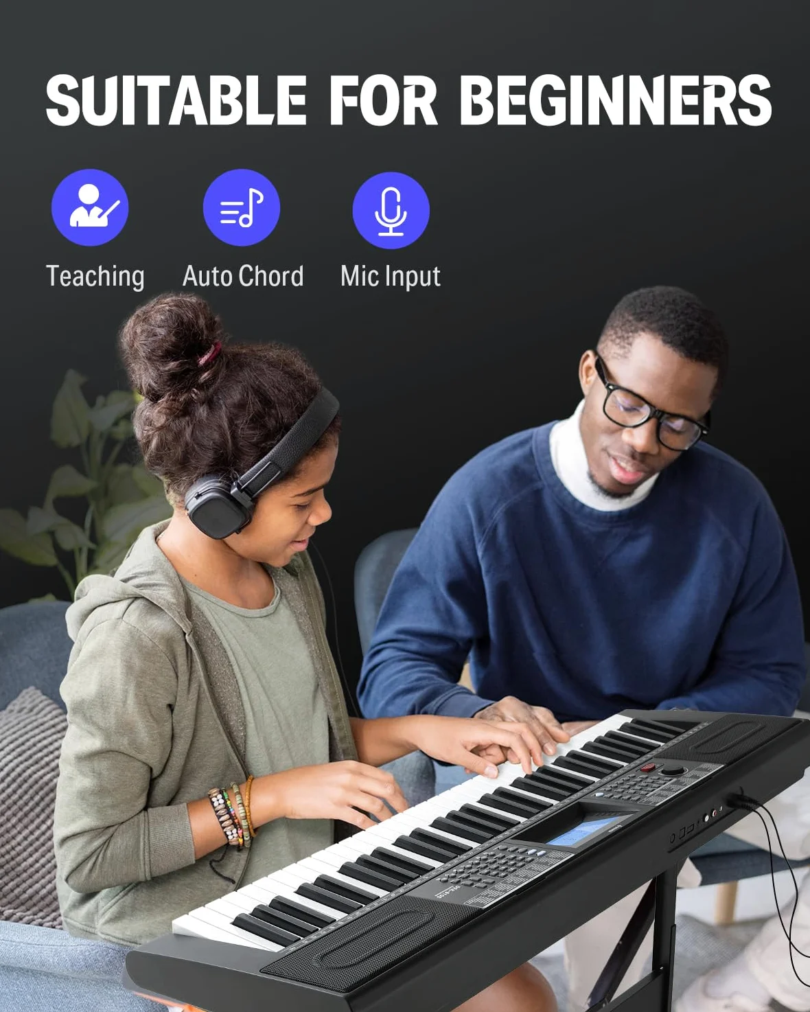 Donner Tastiera pianoforte, tastiera per pianoforte a 61 tasti per principianti/professionisti, pianoforte elettrico con microfono e applicazione pianoforte, supporta MP3/USB MIDI/microfono
