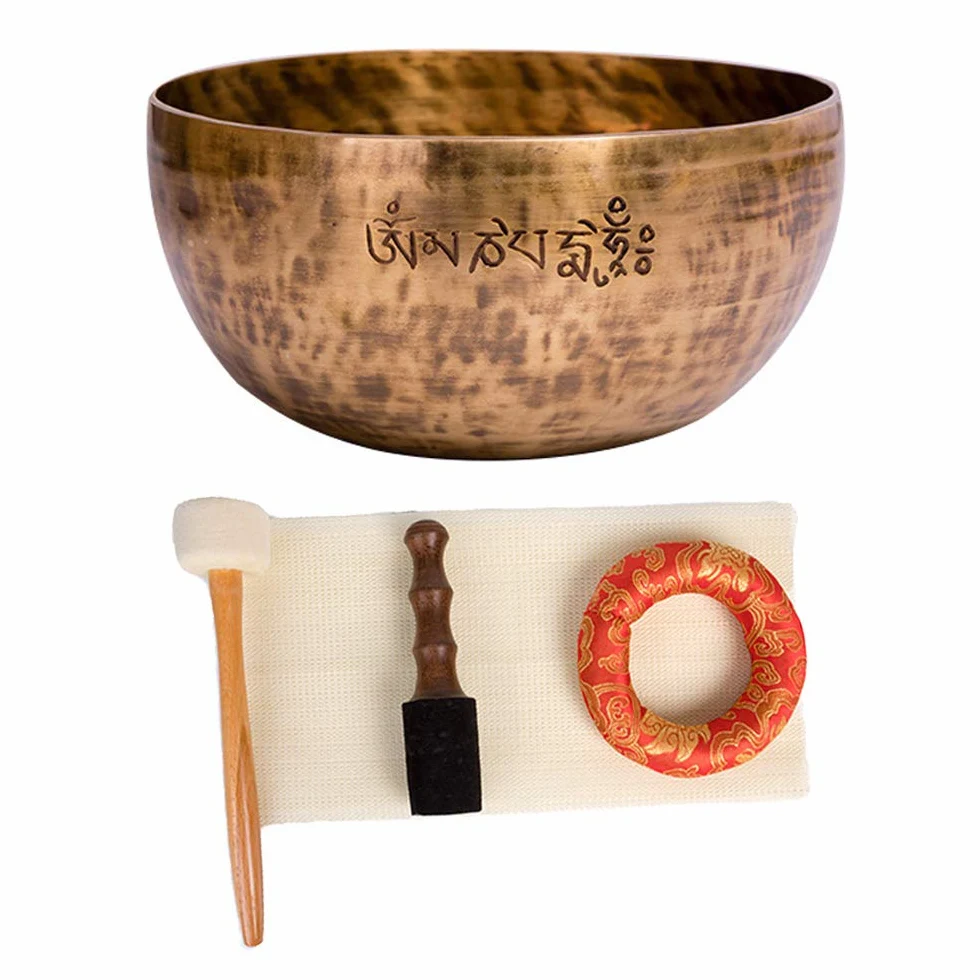 Grande ciotola tibetana da meditazione con scodella tibetana da 20 cm con bastoncini di feltro, cuscino, mazzuolo di legno, 7 tipi di metallo, può produrre risonanza vibratoria, fatto a mano in Nepal