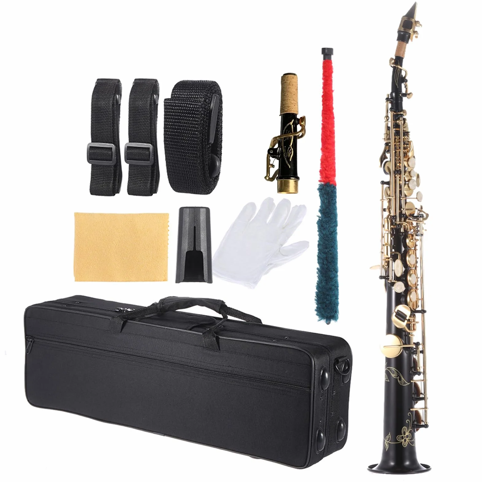 HUIOP Ottone Dritto Sax Soprano Sassofono Sib B Strumento a fiato Piatto Conchiglia Naturale Modello Intagliato con Custodia Guanti Panno per la Pulizia Cinghie Asta per la Pulizia