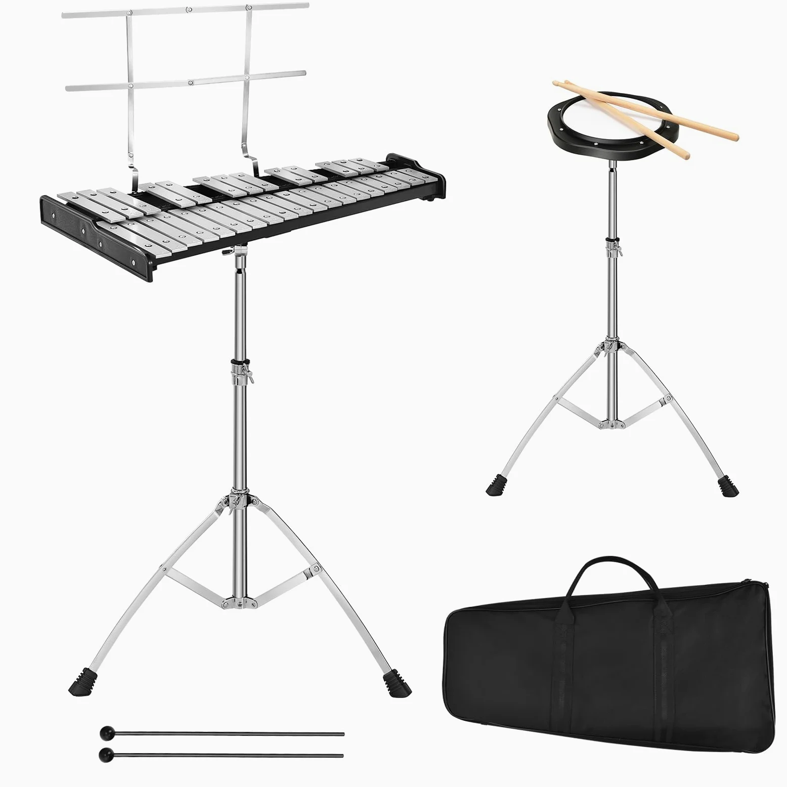 KOMFOTTEU Set con supporto regolabile in altezza, 32 note xilofono con 1 paio di bacchette e bacchette per batteria e 1 tamburo per esercizi a 8 angoli, per bambini, adulti