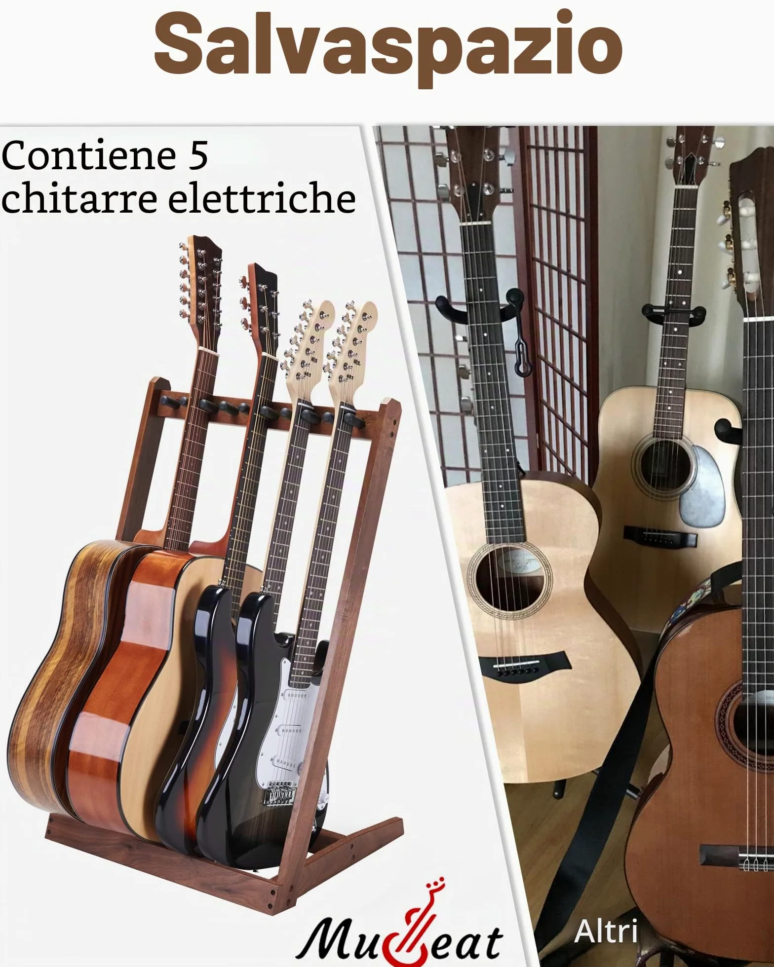 Supporto per chitarra multipla in legno duro (3 chitarre acustiche, 5 elettriche o basse), 5 supporti per chitarra da uomo, pieghevole, da pavimento, per studio e casa