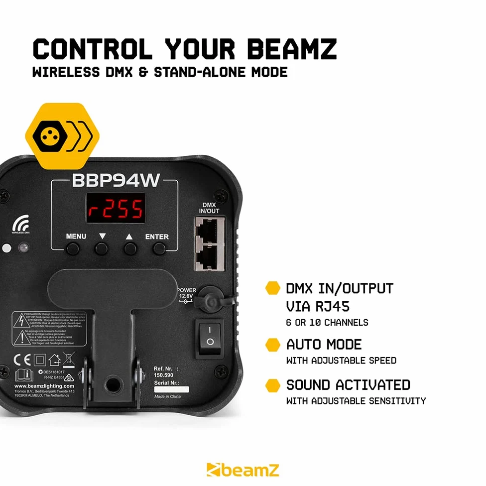 BeamZ BBP94W - Uplighter a batteria senza fili, rondella da parete LED da 48 W con controllo DMX, luce par alimentata a batteria ricaricabile per eventi, illuminazione verticale ed effetti di lavaggio