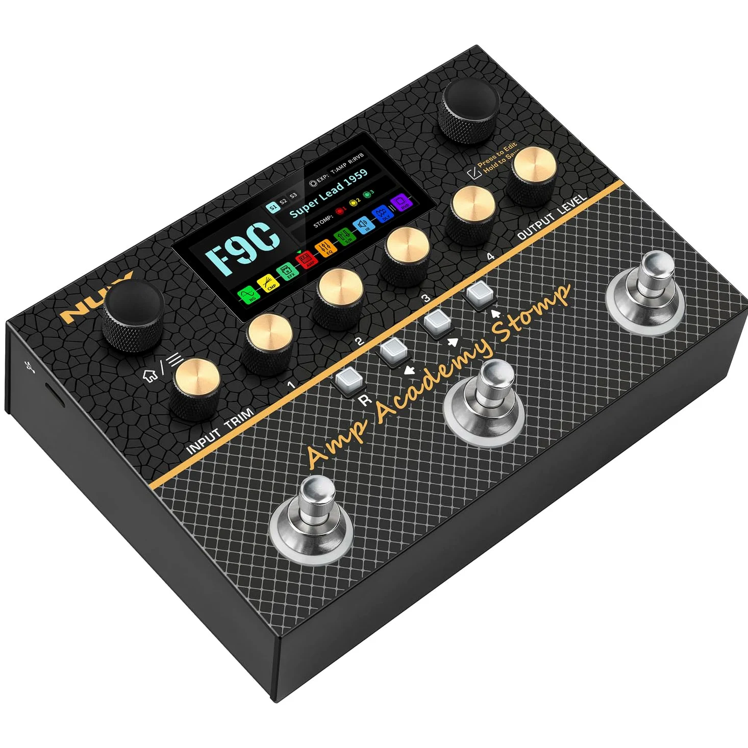 NU-X | Amp Academy Stomp Pedal | Pedale multi-effetto per chitarra con modellazione amplificatore, Bluetooth, Looper, interfaccia audio USB e catena di segnale personalizzabile per esercitarsi con
