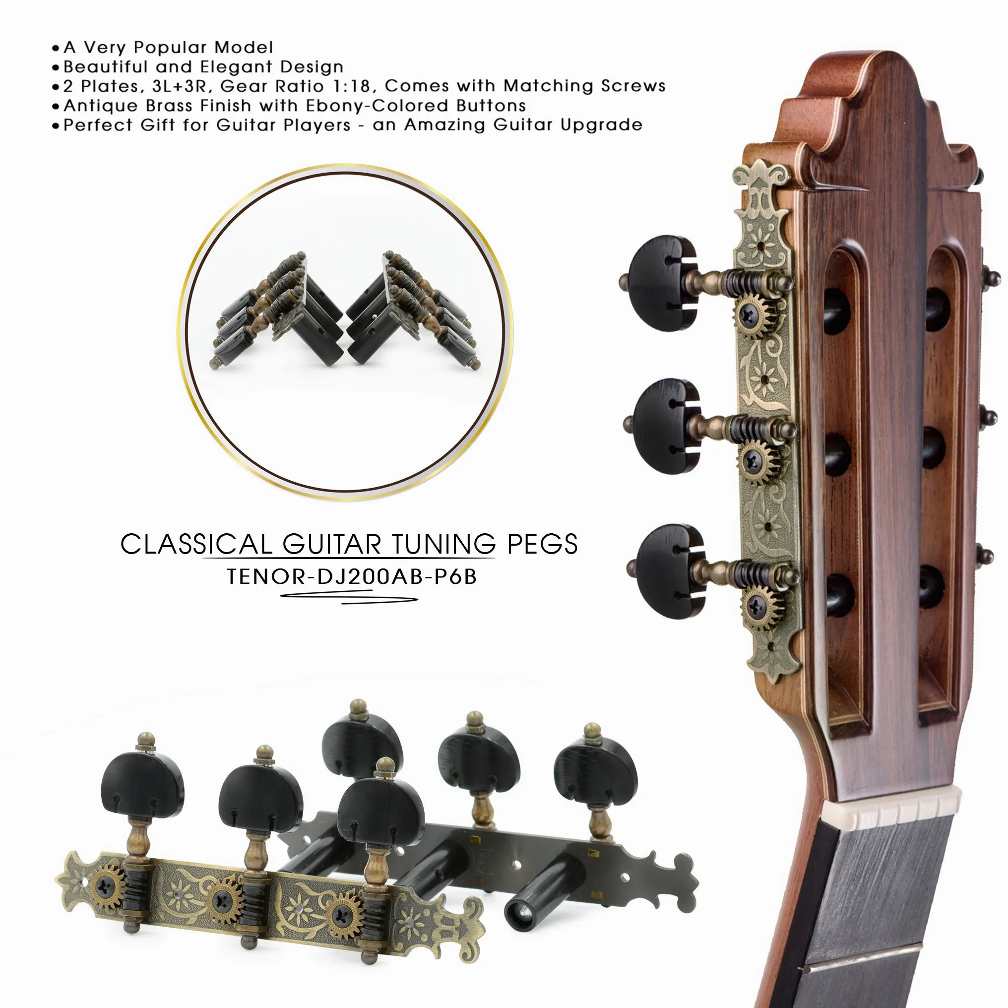 DJ200AB-P6B Tenor Accordatori per chitarra classica professionale accordatura pioli/meccaniche per chitarra classica o flamenco in ottone anticato.