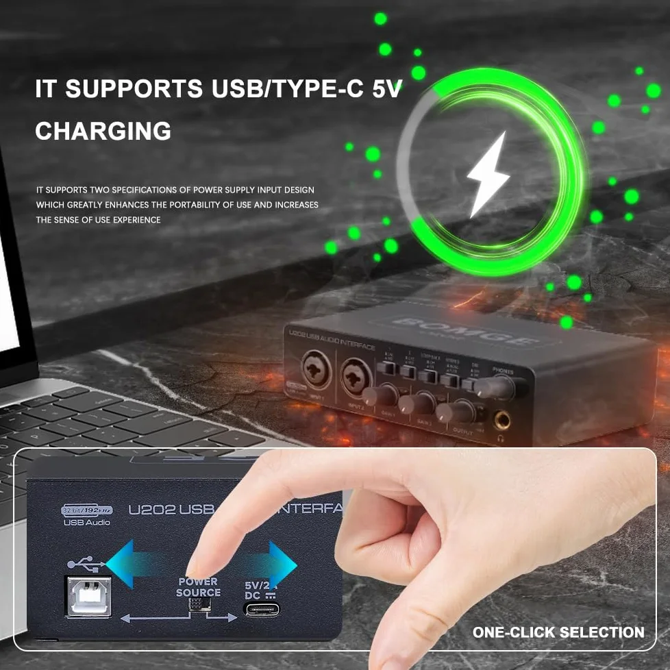 BOMGE U202 Interfaccia Audio USB con Preamplificatore Microfono Porte XLR/TSR/TS, 48V, Risoluzione 32-Bit/192kHz per Registrazione su Computer, Streaming, Podcasting