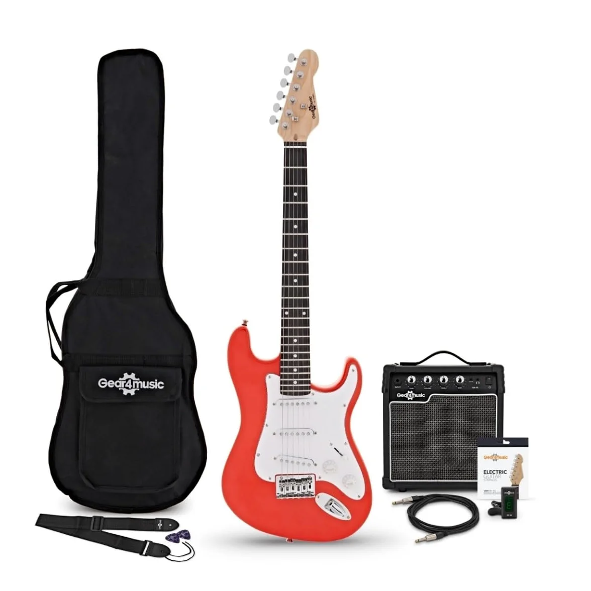 Gear4music Chitarra Elettrica Junior 3/4 con Amplificatore Rosso | Per giovani musicisti, 3 pickup single coil con selettore a 5 posizioni, ampli 10W con uscita cuffie