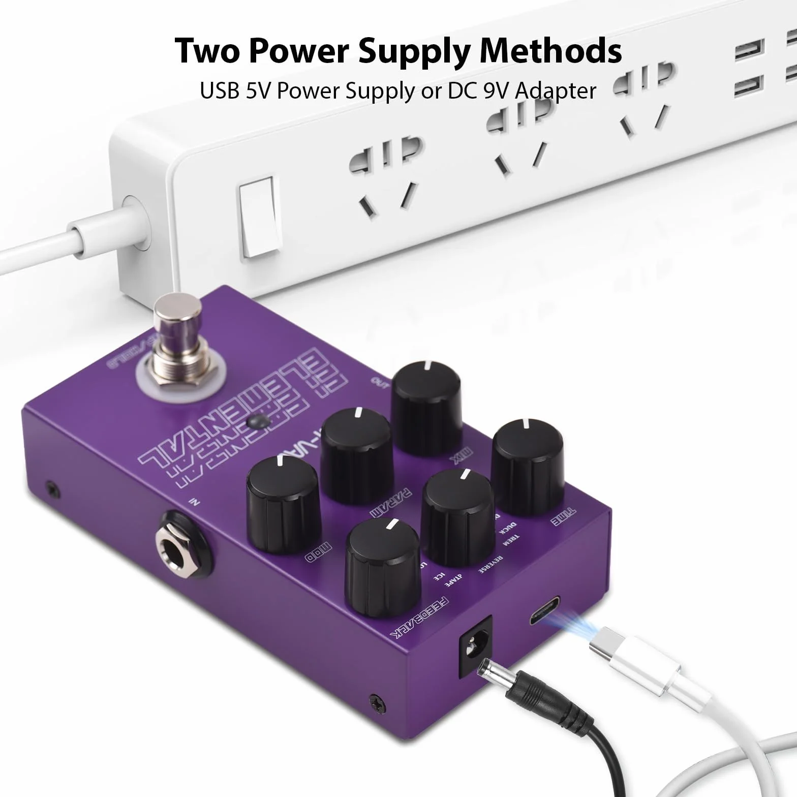 ELEMENTAL - Pedale Effetto Delay per Chitarra, 9 Effetti, Controlli Time/Tipo/Feedback/MIX/PARAM/MOD, Pulsante DC 9V, Interfaccia Ingresso/Uscita 6,35 mm per E-G