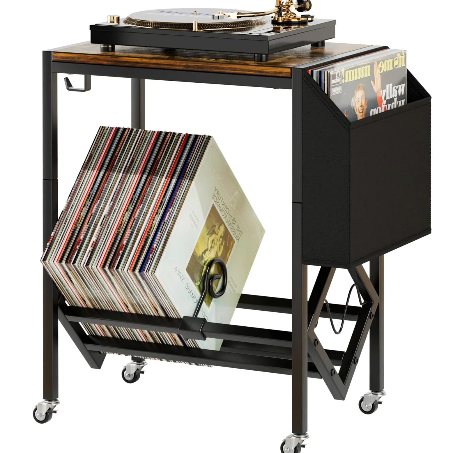 EKNITEY Supporto per giradischi in vinile – Tavolo per giradischi con spazio per 80 album con tasca organizer e ruote