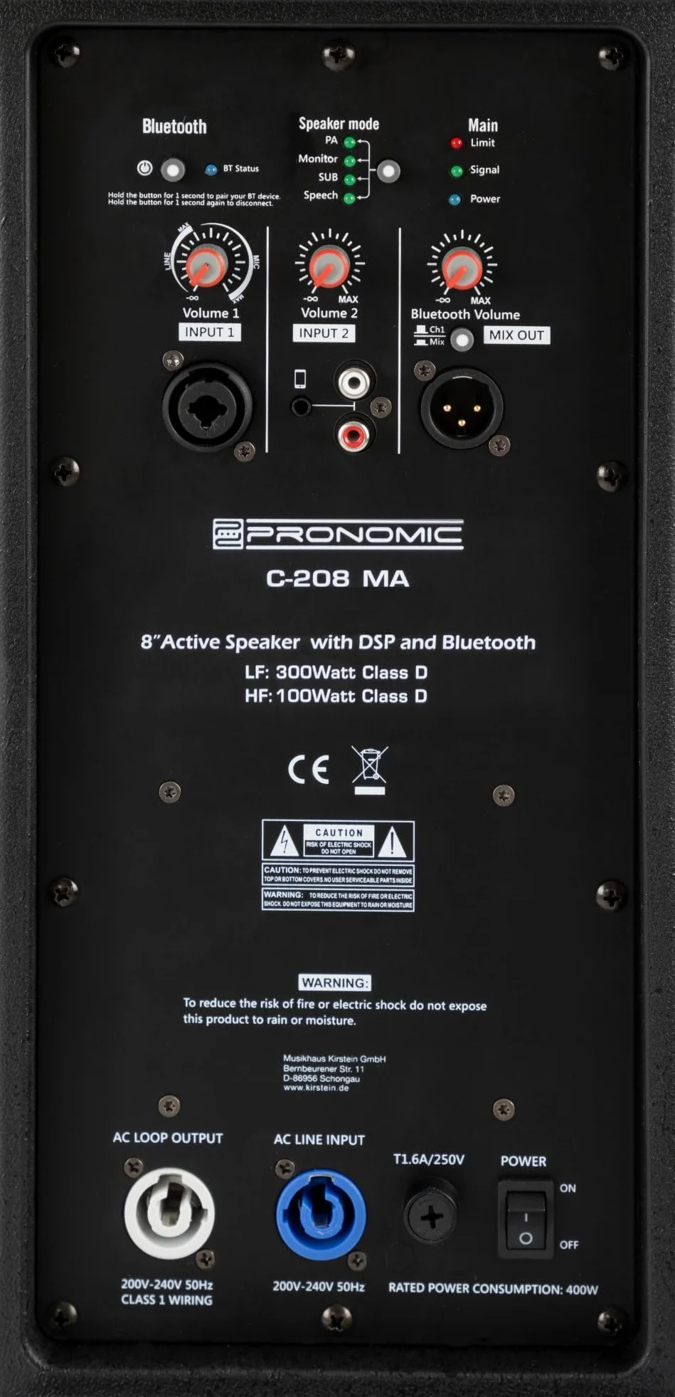 Pronomic C-208 MA Cassa Attiva 8" 400 Watt, Tipo: 2 vie Bi-Amp, SPL: 117 dB | Risposta in frequenza: 70 Hz - 20 kHz, Sensibilità (1m/1W): 91 dB, Impedenza: 4 Ohm, Woofer: 8" (203 mm), SPL: 117 dB, 3 kHz