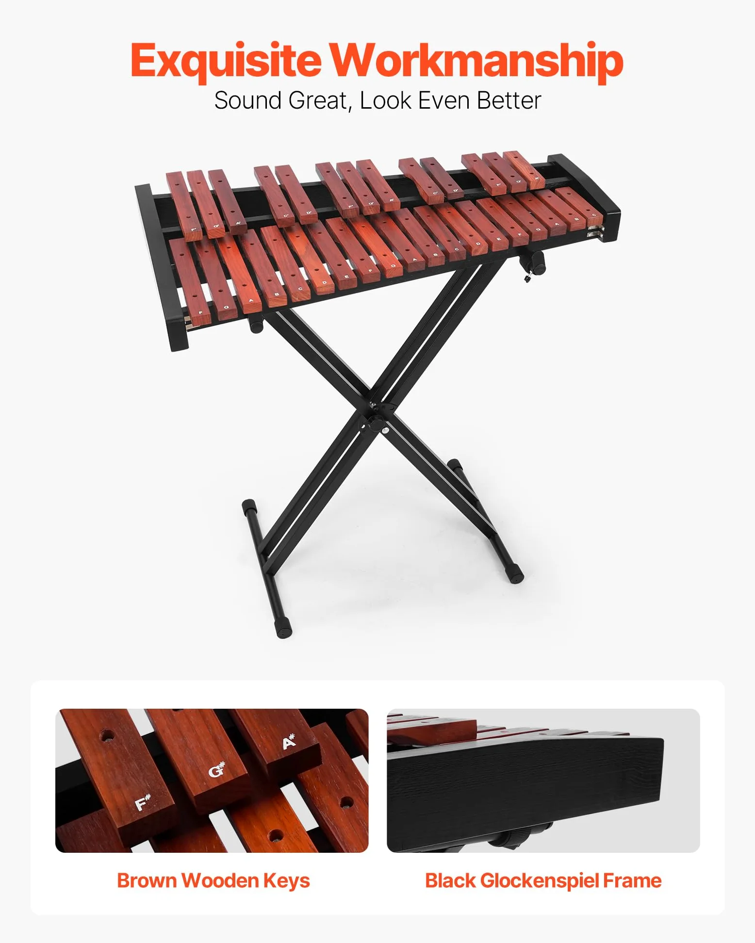 VEVOR Glockenspiel Diatonico Xilofono, 32 Note, Strumento a Percussione Professionale in Legno, con Supporto Regolabile in Altezza 4 Bacchette, Borsa per Trasporto, per Insegnamento Musicale
